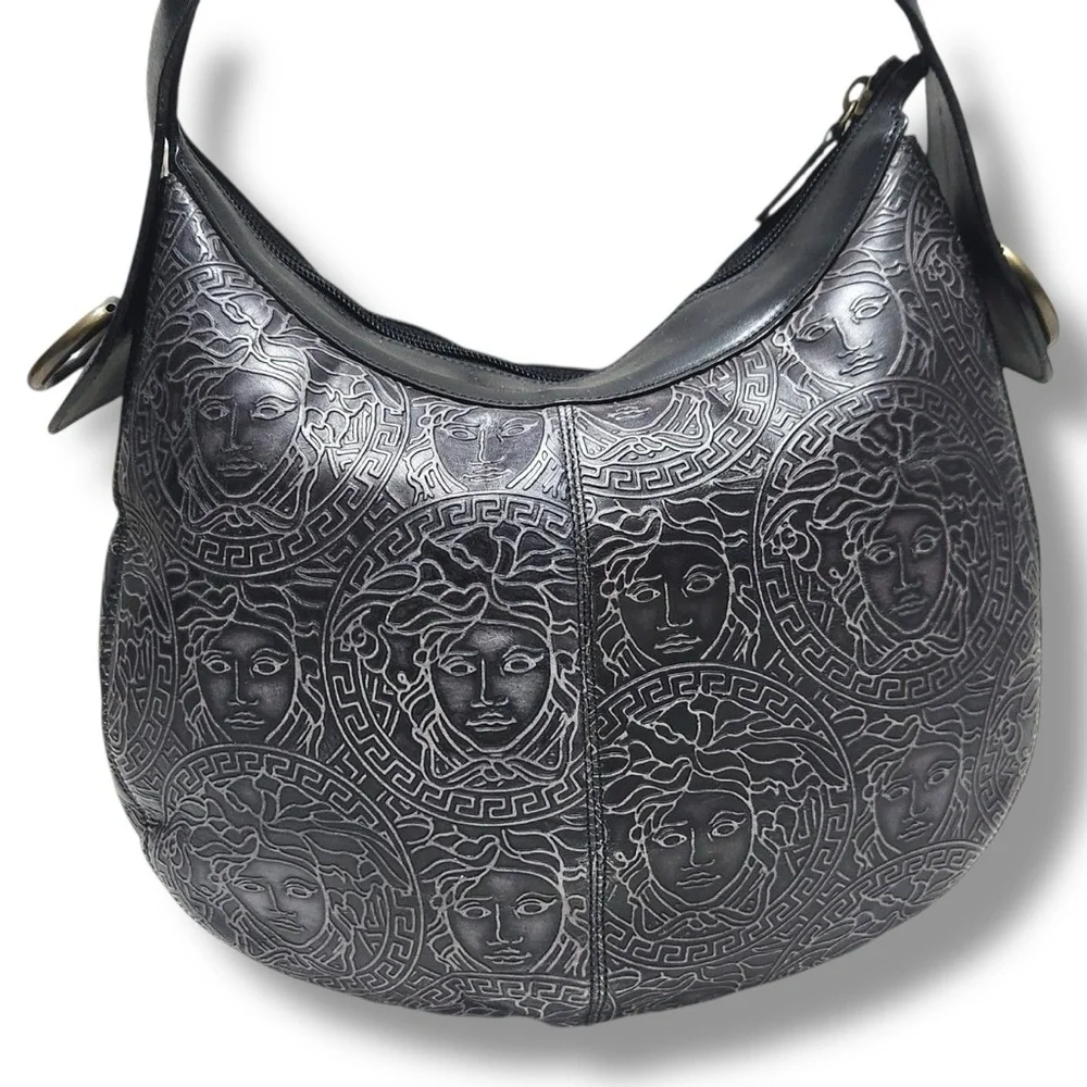 Vintage Versace Black Embossed Medusa Black Leather Women's Hobo Shoulder Bag